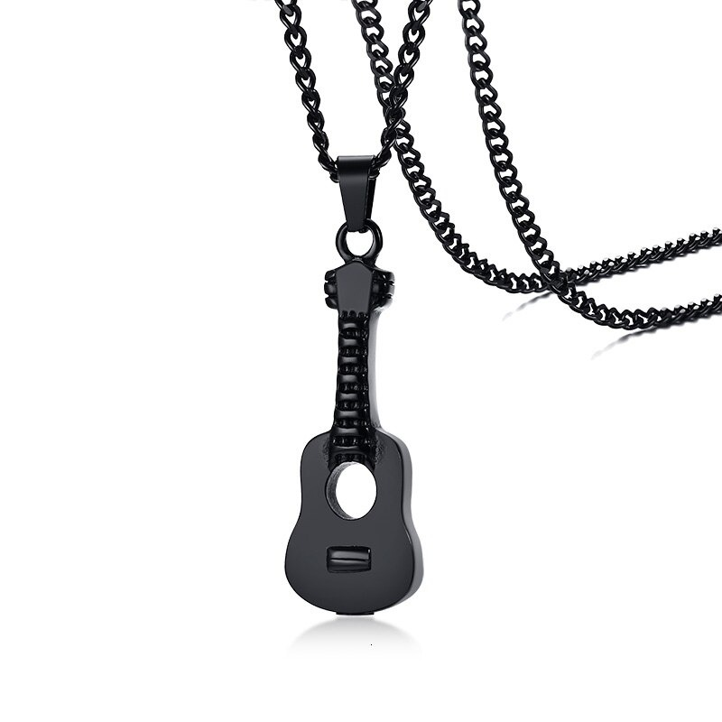 Stylish black stainless steel necklace with guitar pendant, perfect for casual fashion lovers.