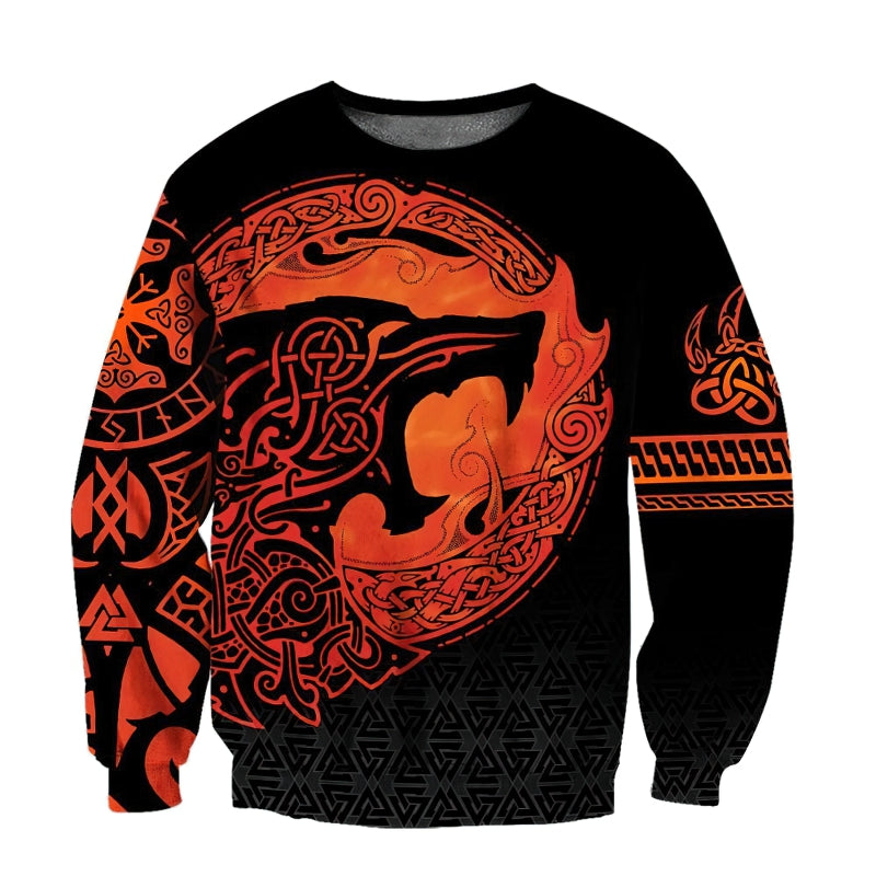 Fenrir Viking 3D printed sweatshirt with black and orange design for alternative fashion lovers.