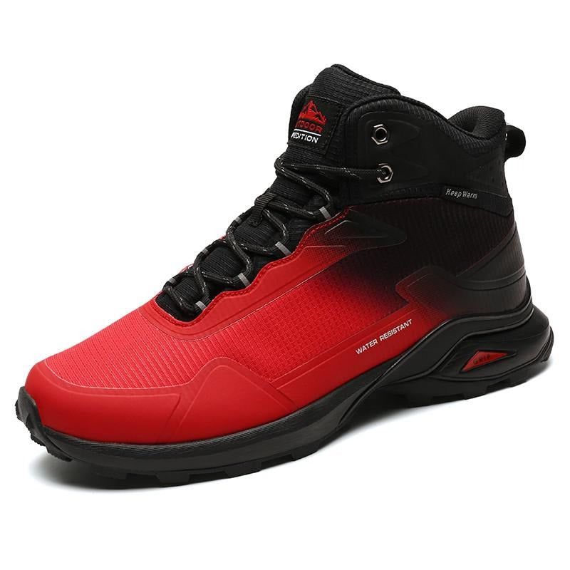 Warm men's snow boots in black-red with waterproof features, perfect for winter outdoor adventures.