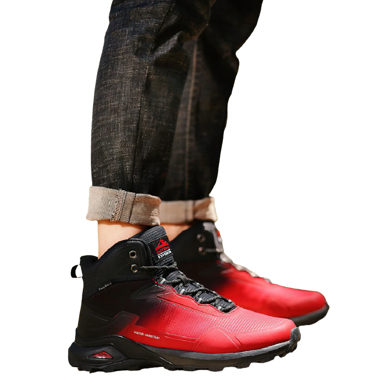 Stylish men's snow waterproof boots in black and red, perfect for winter adventures and staying warm.