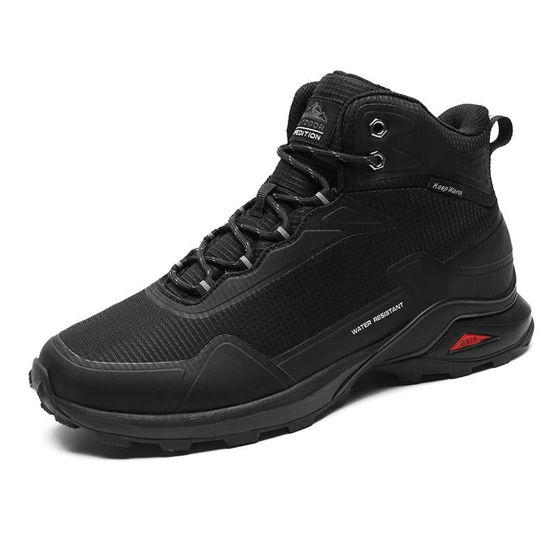 Waterproof black men's boots designed for winter activities and casual wear, featuring a stylish and warm design.
