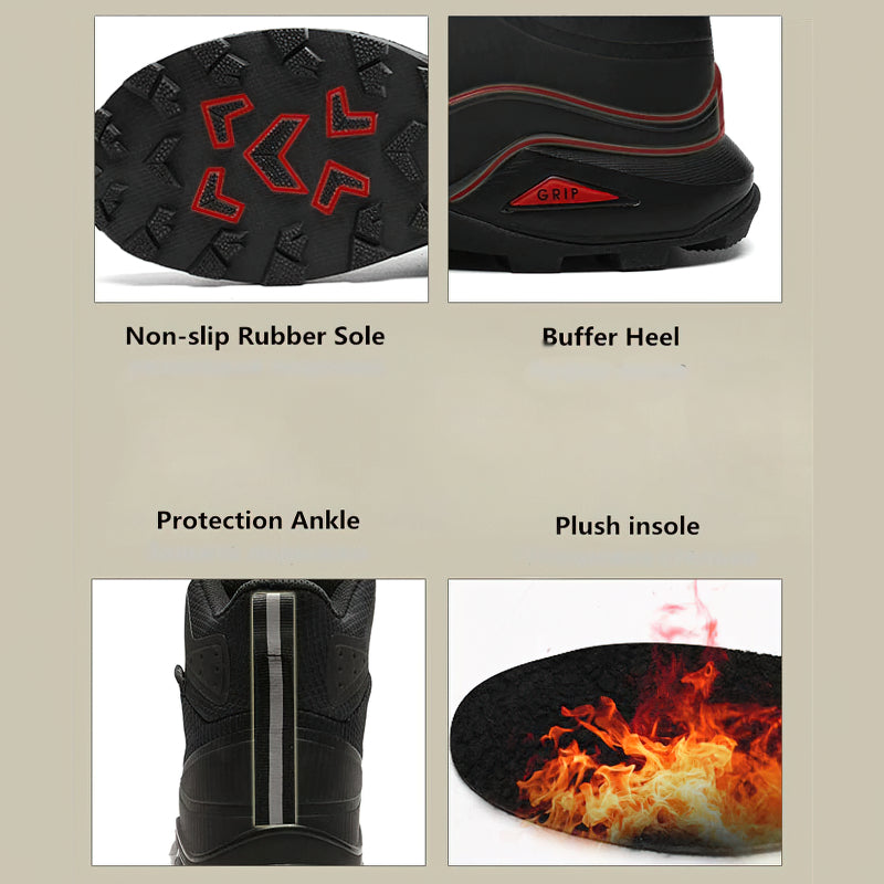 Close-up of snow waterproof men's boots showcasing non-slip rubber sole, buffer heel, ankle protection, and plush insole.