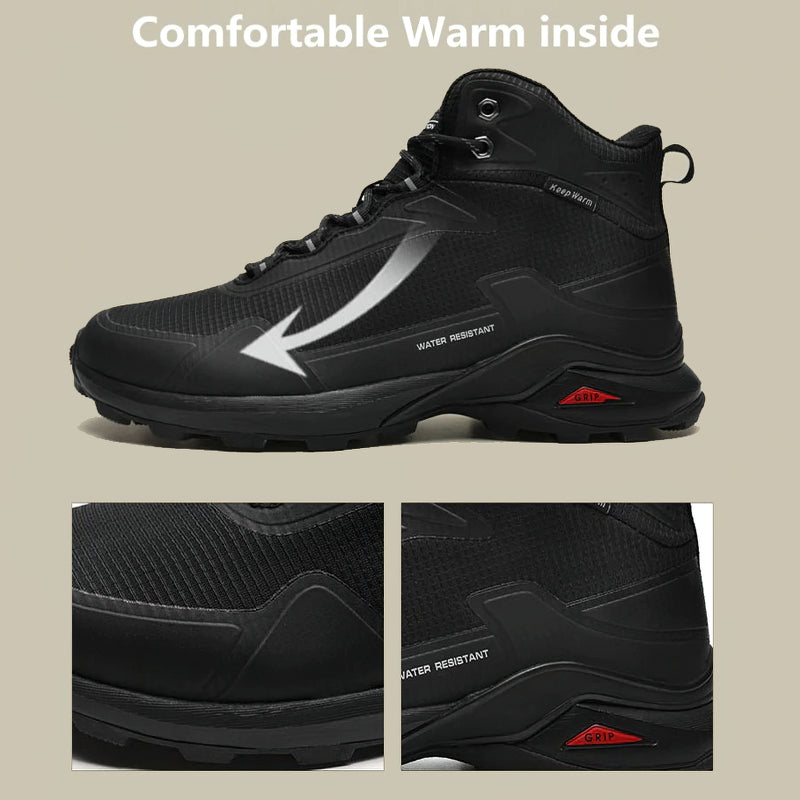 Comfortable black waterproof men's boots designed for warmth and style in winter weather.