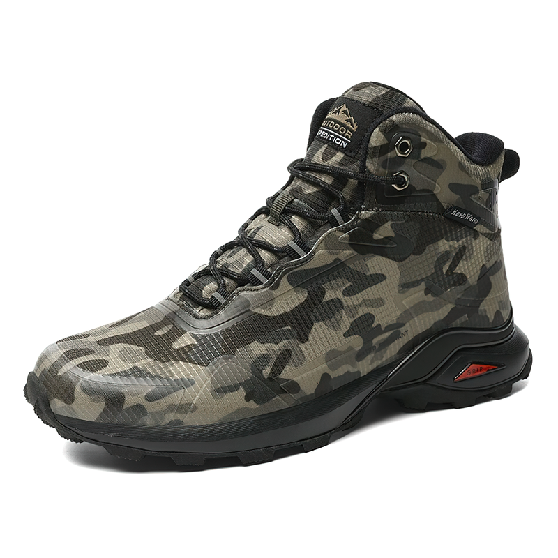 Stylish camouflage snow waterproof men's boots designed for cold weather and outdoor activities.