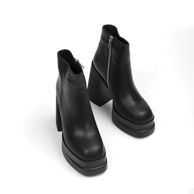 Brand Women Genuine Leather Zipper Ankle Boots / Black Waterproof Platform Super High Heel Boots - HARD'N'HEAVY