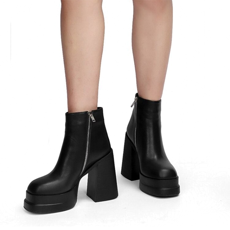 Brand Women Genuine Leather Zipper Ankle Boots / Black Waterproof Platform Super High Heel Boots - HARD'N'HEAVY