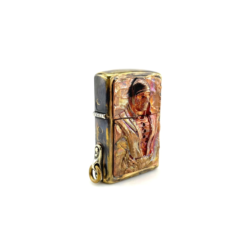 Brass portable lighter case with a unique samurai skull design, perfect for rock style enthusiasts.