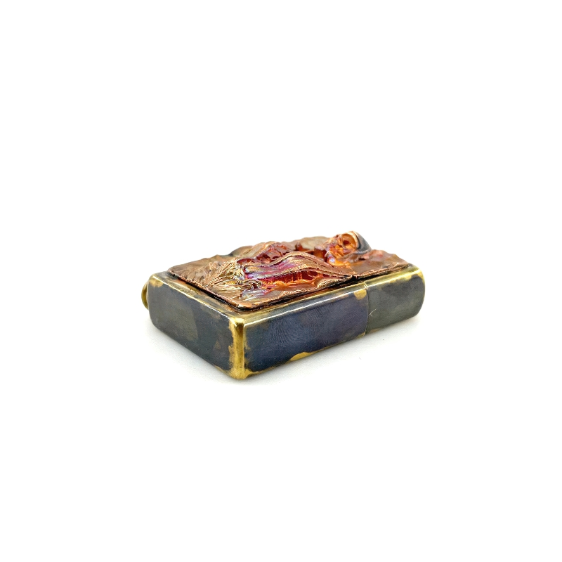 Brass portable lighter case with samurai skull design, rock style unisex accessory, artistic detailing.