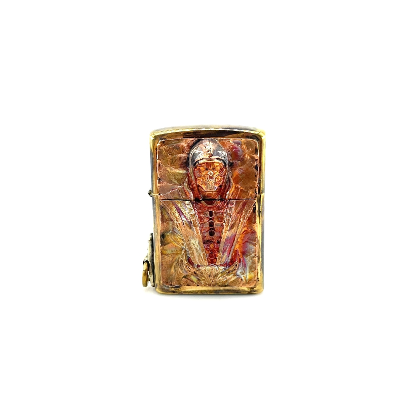 Brass portable lighter case with samurai skull design, perfect rock style accessory for unisex use.