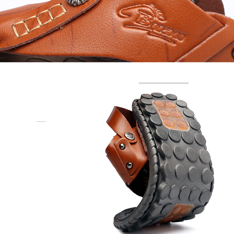 Stylish breathable leather flip-flops with ankle wrap, perfect casual summer sandals for men.