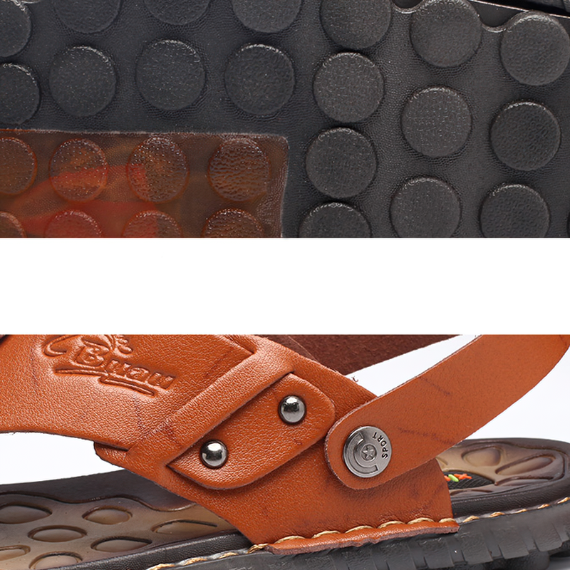Close-up of breathable leather flip-flops showing textured sole and stylish straps for men’s summer casual wear.