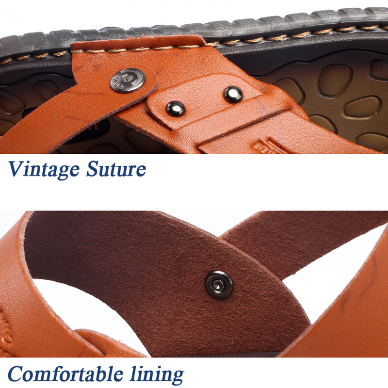 Close-up of breathable leather flip-flop featuring vintage suture and comfortable lining for casual summer wear.