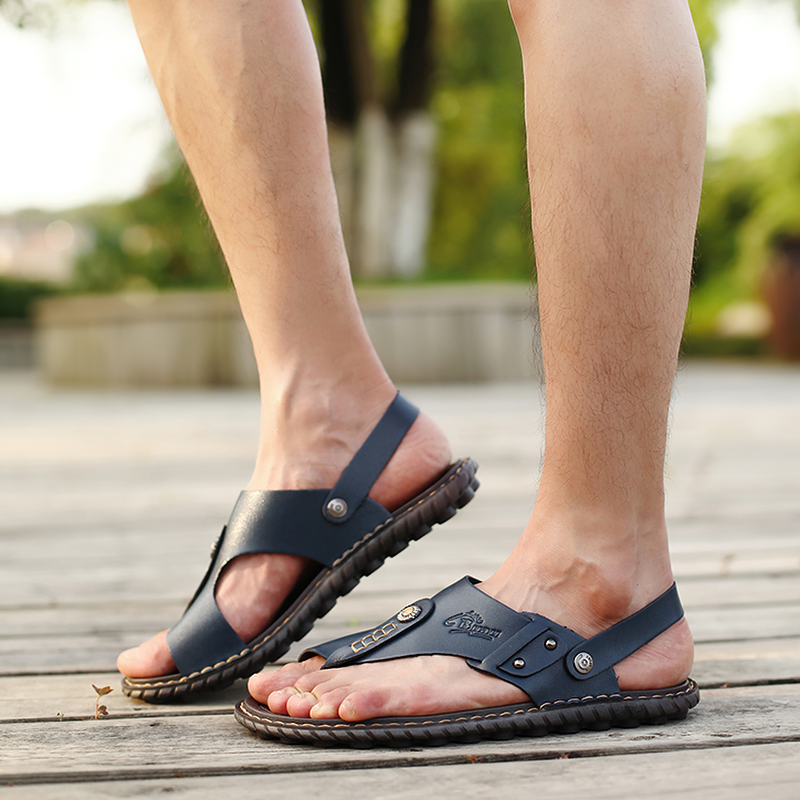 Breathable leather flip-flops sandals for men, perfect casual summer footwear for warm days.