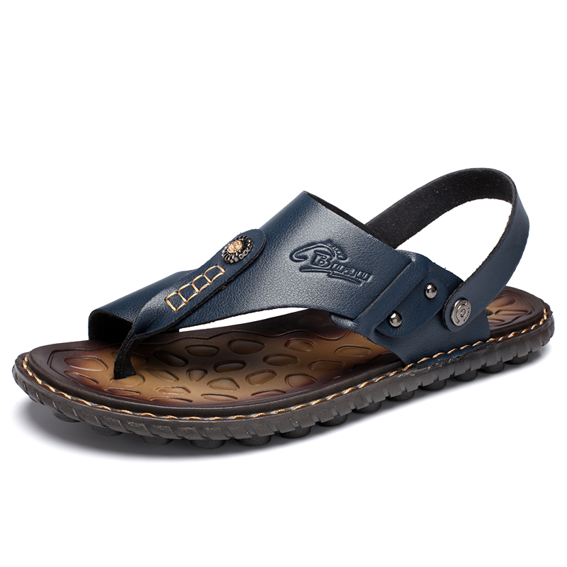 Stylish breathable leather flip-flops with ankle wrap for men, perfect for casual summer outings.