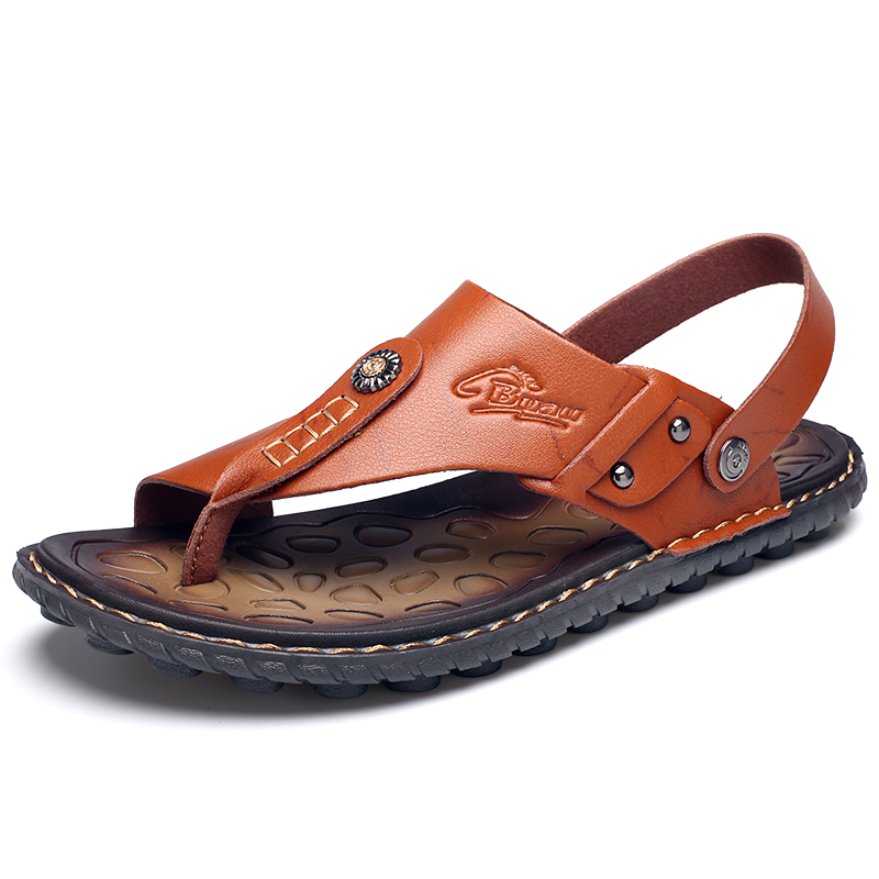 Stylish breathable leather flip-flops for men, perfect casual summer sandals with ankle wrap design.