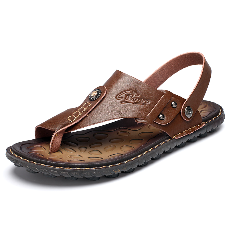 Breathable leather flip-flops sandals for men, perfect casual summer footwear with ankle wrap design.