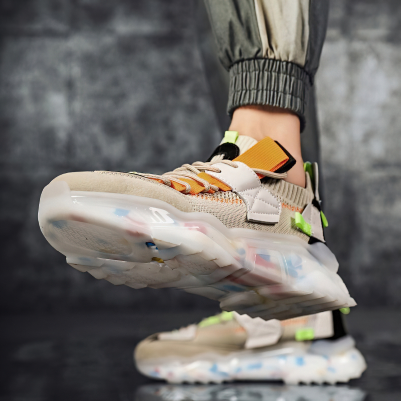 Lightweight breathable sneakers with a soft platform, perfect for running, shown in a stylish casual outfit.