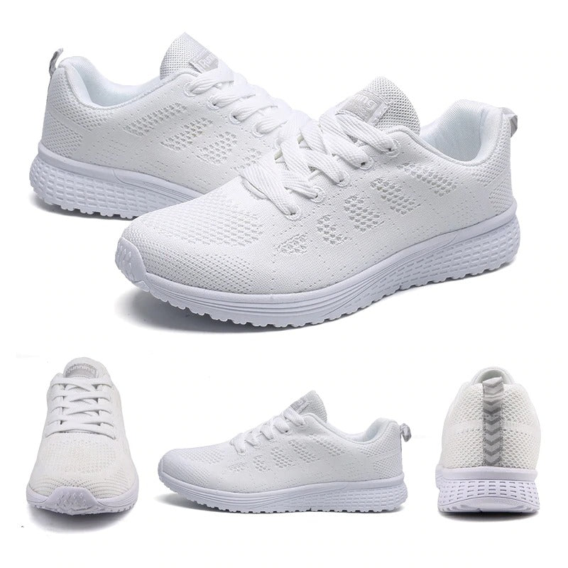 Stylish breathable white mesh lace-up sneakers for women, perfect for comfortable walking and outdoor activities.