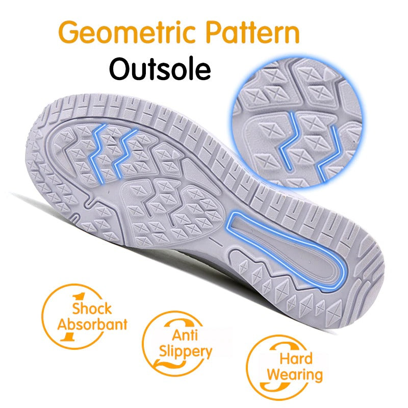 Breathable geometric patterned outsole of women's walking sneakers, showcasing shock absorption and anti-slip features.