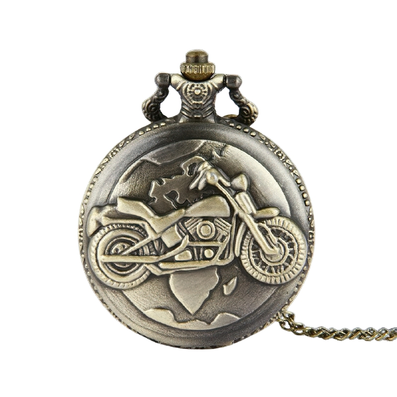 Bronze Pocket Watch with Motorcycle Pattern / Vintage Quartz Watch with Chain - HARD'N'HEAVY