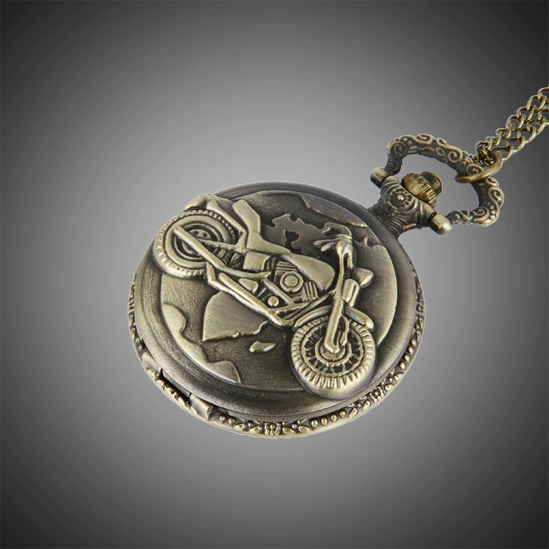 Vintage bronze pocket watch featuring a motorcycle design, perfect for gifts and stylish accessories.