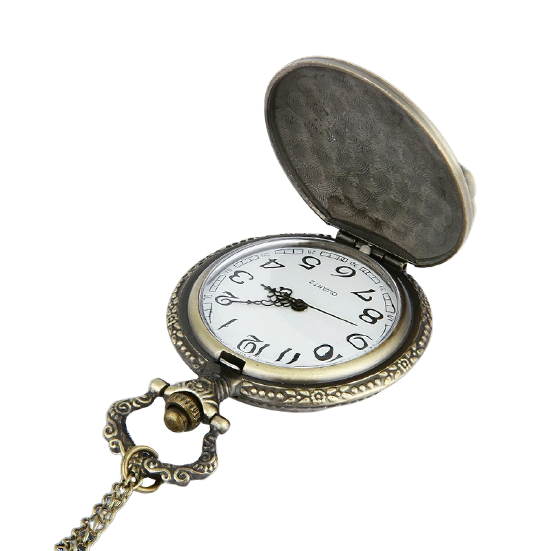 Vintage bronze pocket watch open, featuring elegant design and chain detail, perfect for gifts and timeless accessories.