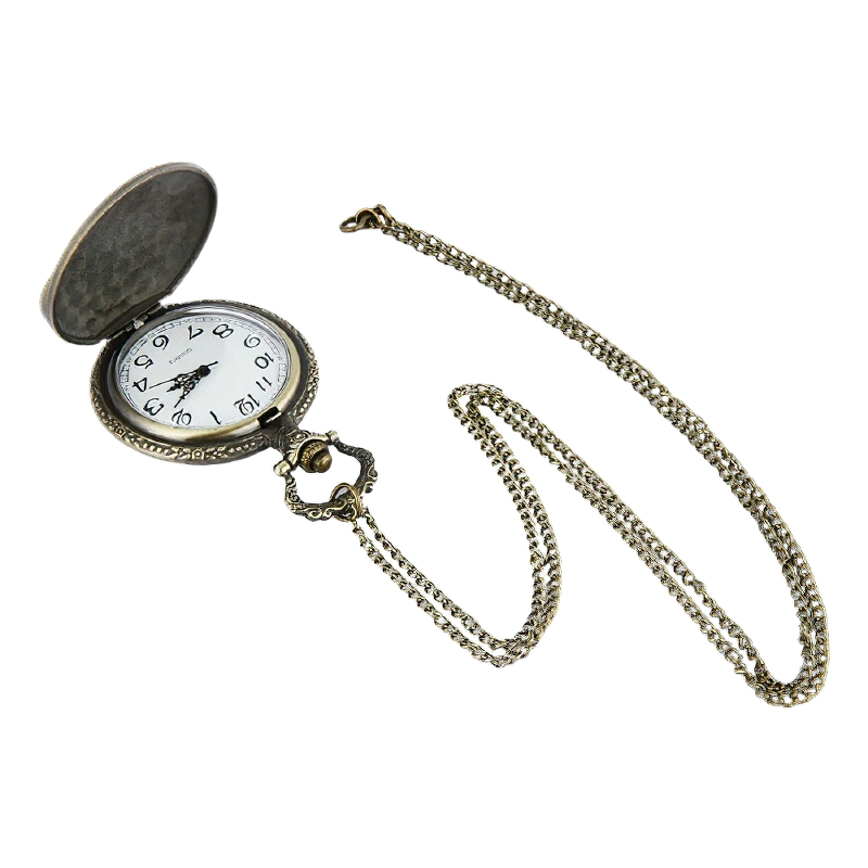 Vintage bronze pocket watch with chain and motorcycle pattern, stylish accessory for men and women.