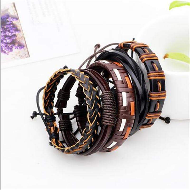 Set of 6 brown and black leather braided bracelets for men and women, featuring stylish woven designs.