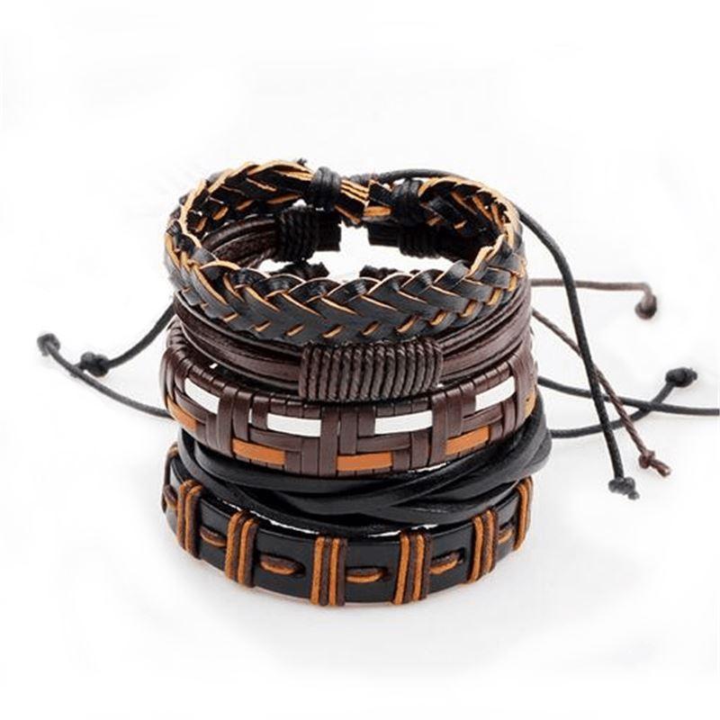 Brown & Black Leather Bracelet in Rock Style & Braided Rope Wristband Set of 5 PCs - HARD'N'HEAVY