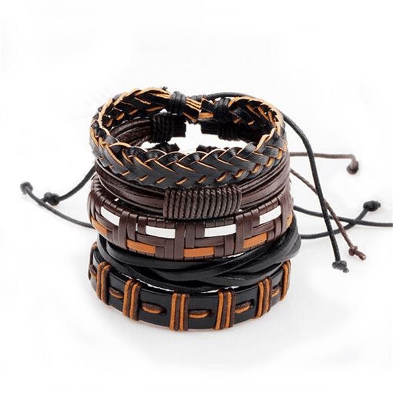 Set of 5 braided brown and black leather bracelets for men and women, perfect for rock style accessories.