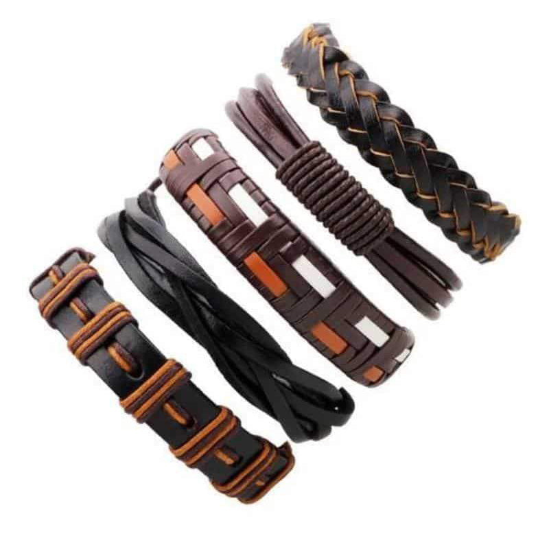 Set of 5 brown and black braided leather bracelets for men and women, featuring stylish rock style designs.
