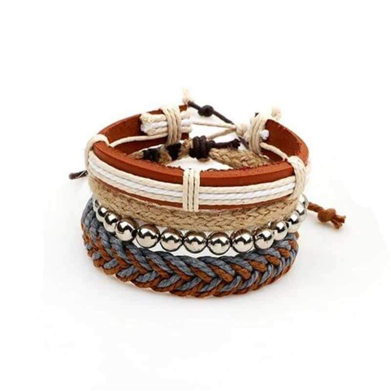 Brown Bracelet in Rock Style & Braided Rope Wristband Set of 4 PCs - HARD'N'HEAVY