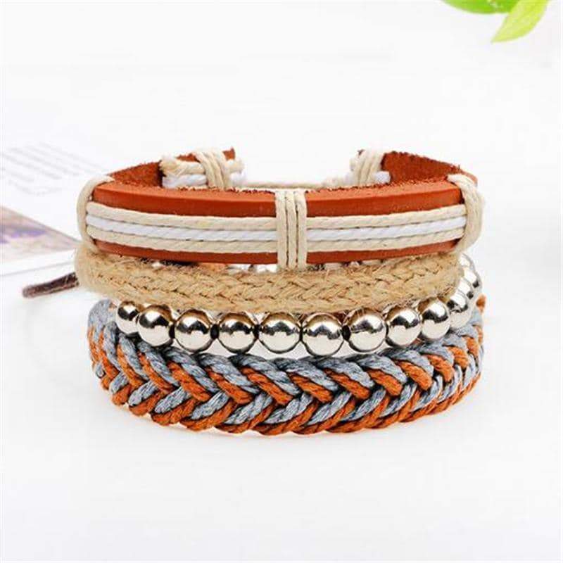 Stylish brown braided rope bracelets set of 4, featuring unique rock style and a mix of materials for a trendy look.