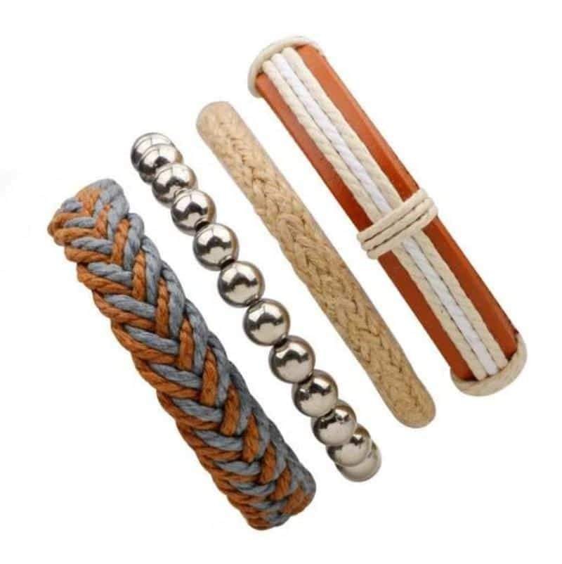 Set of 4 brown braided and rope bracelets featuring leather and metal accents in rock style.