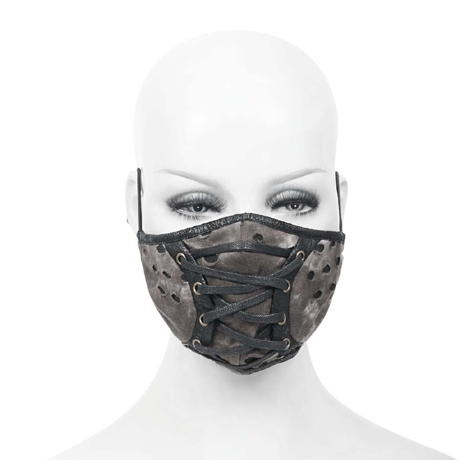 Brown Fabric Face Mask with Lace-up / Steampunk Mask with Faux Leather Parts and holes - HARD'N'HEAVY