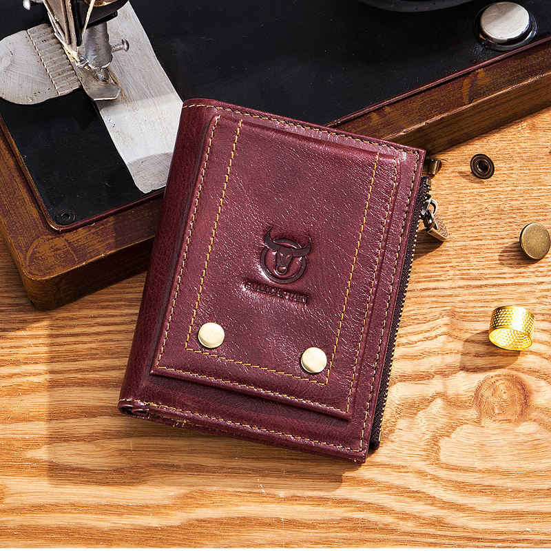 Brown genuine leather tri-fold wallet for men, featuring stylish design and practical compartments.
