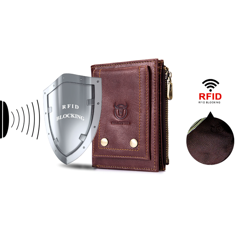 Brown leather tri-fold wallet with RFID blocking feature for men, stylish and practical alternative fashion accessory.