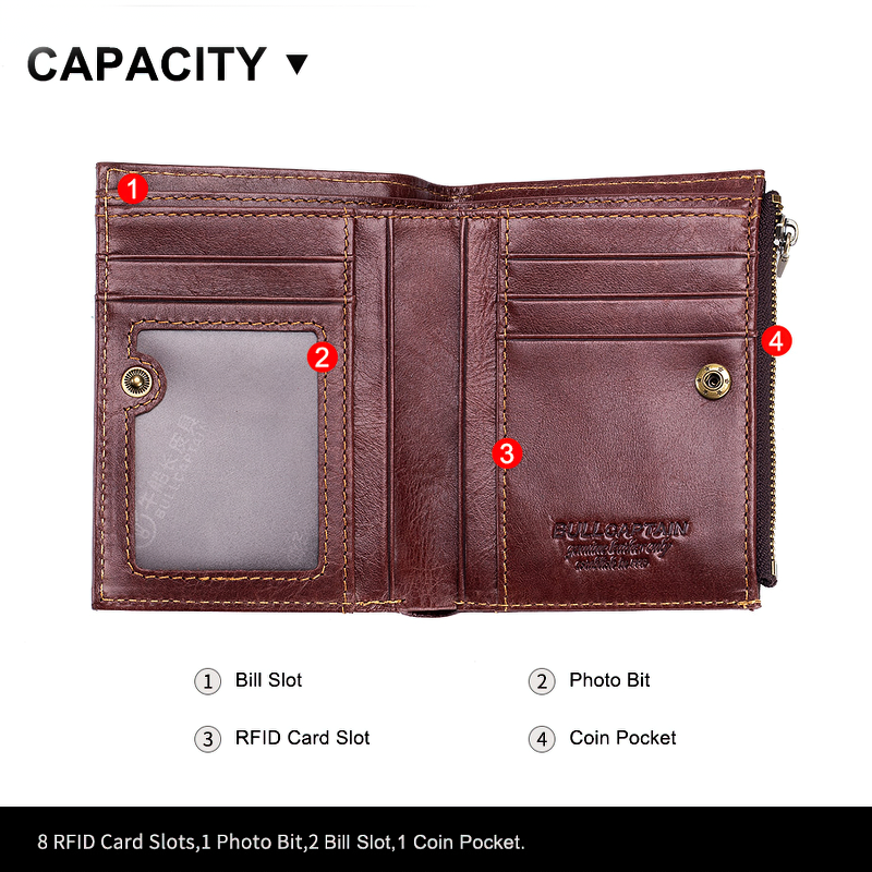 Inside view of brown genuine leather tri-fold wallet featuring card slots, bill compartment, and coin pocket.