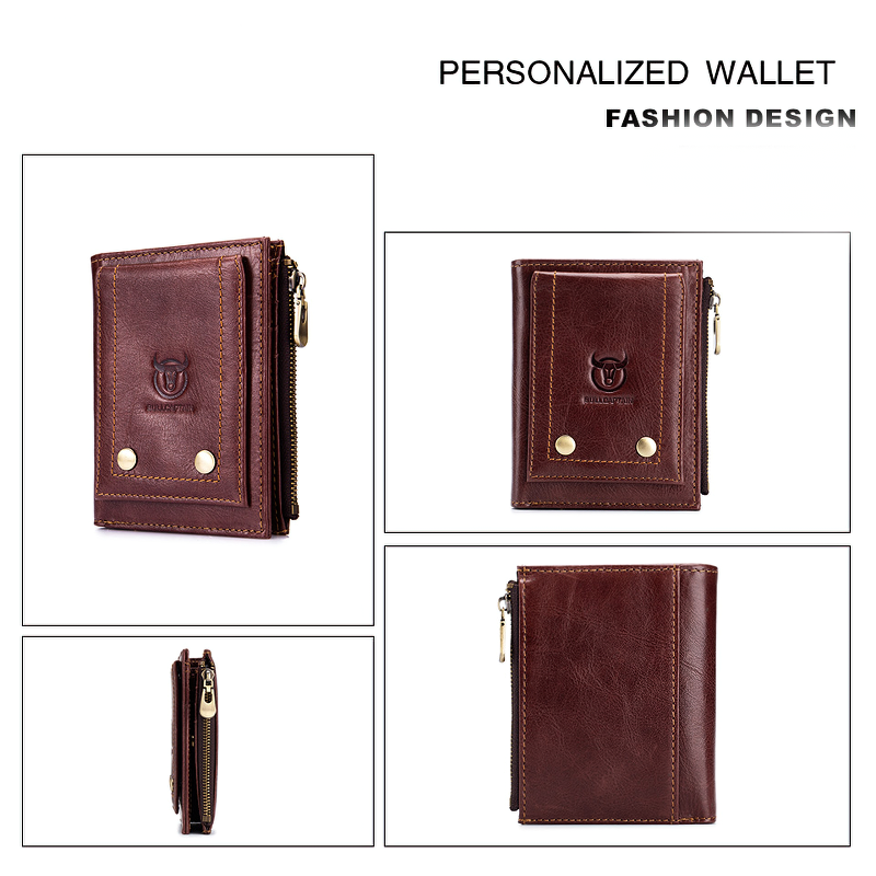 Brown personalized leather wallet showcasing fashion design with multiple views and compartments.