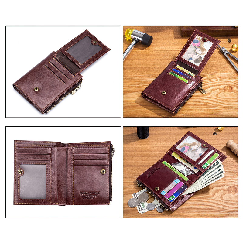 Brown genuine leather tri-fold wallet showcasing multiple compartments and card slots, ideal for practical use and alternative fashion.