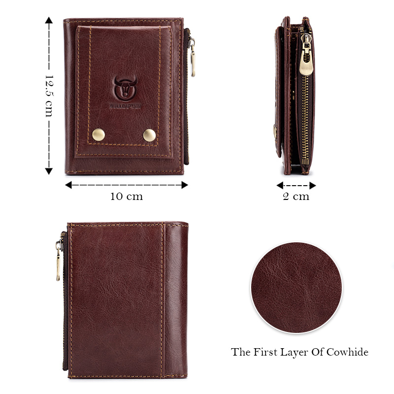 Brown genuine leather tri-fold wallet dimensions and design showcasing various compartments for practical use.