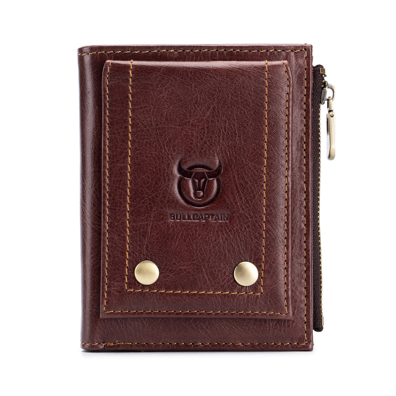 Brown genuine leather tri-fold wallet for men with stylish design and secure zipper pocket.