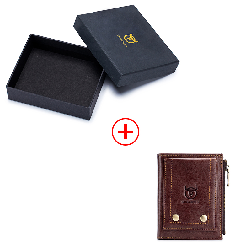 Brown genuine leather wallet with a stylish black gift box, perfect for gifting or adding to your fashion collection.