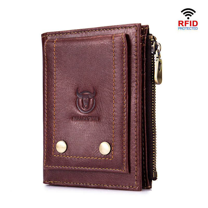 Brown genuine leather tri-fold wallet with RFID protection, stylish men's card holder, perfect for practical use and alternative fashion.