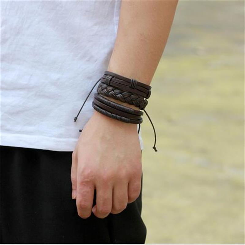 Brown Leather Bracelet in Rock Style & Braided Rope Wristband Set of 3 PCs - HARD'N'HEAVY