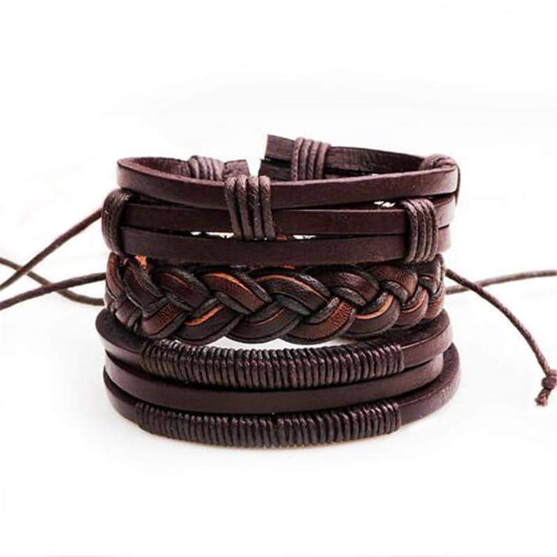 Brown Leather Bracelet in Rock Style & Braided Rope Wristband Set of 3 PCs - HARD'N'HEAVY