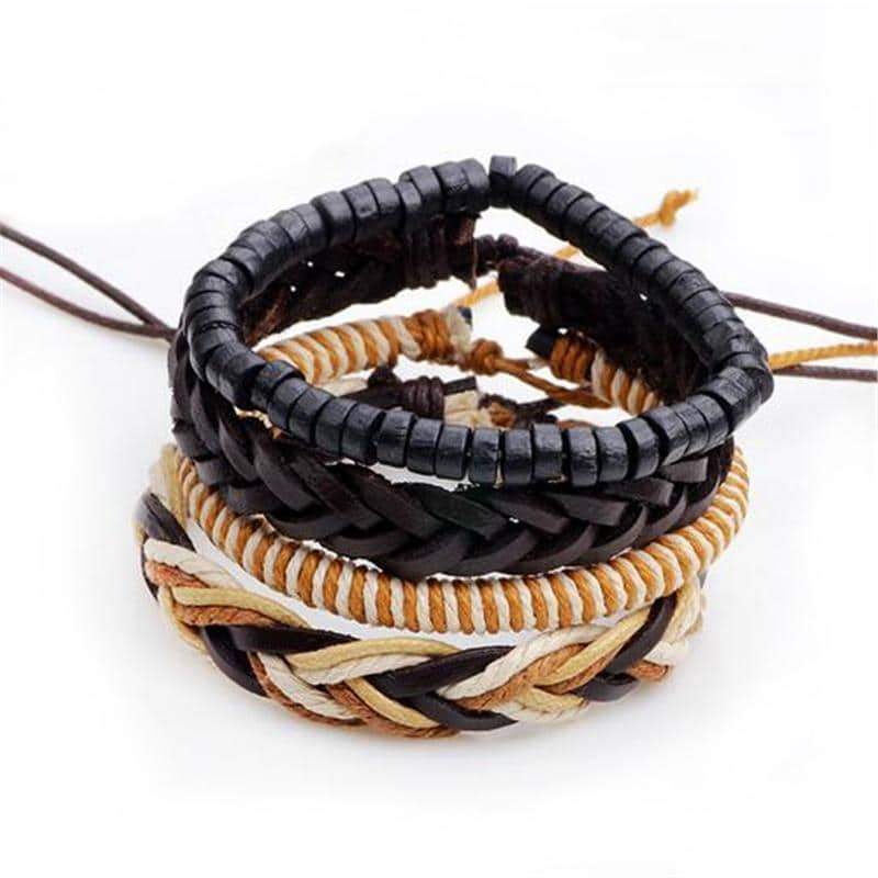 Set of 4 stylish brown leather and woven rope bracelets for men and women, perfect for rock style outfits.