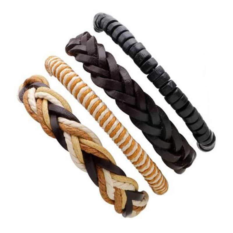 Set of 4 braided leather bracelets in brown rock style for men and women.