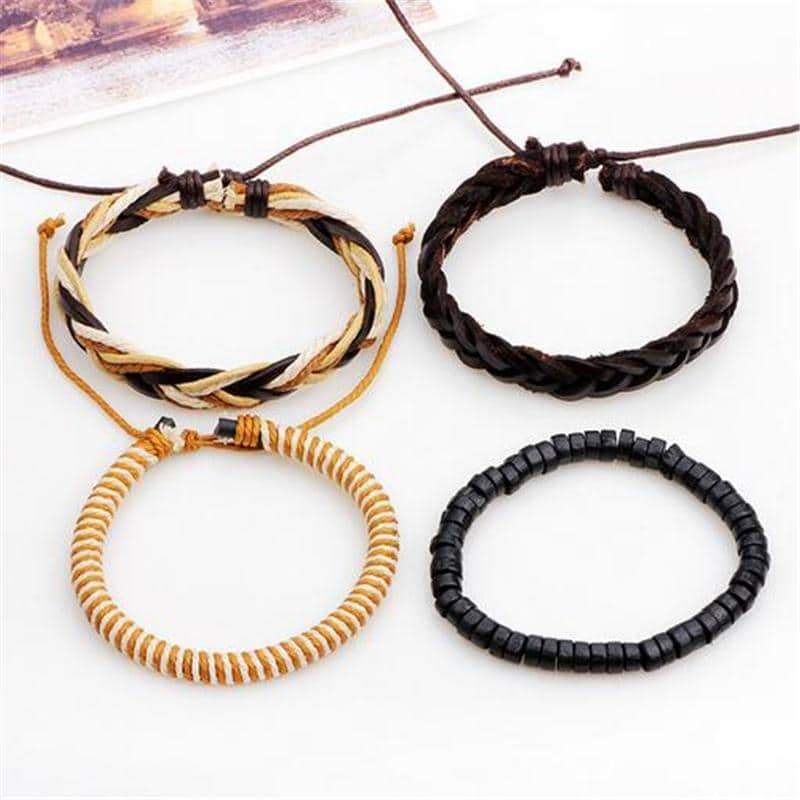Set of 4 brown leather braided bracelets for men and women, perfect for rock style outfits.