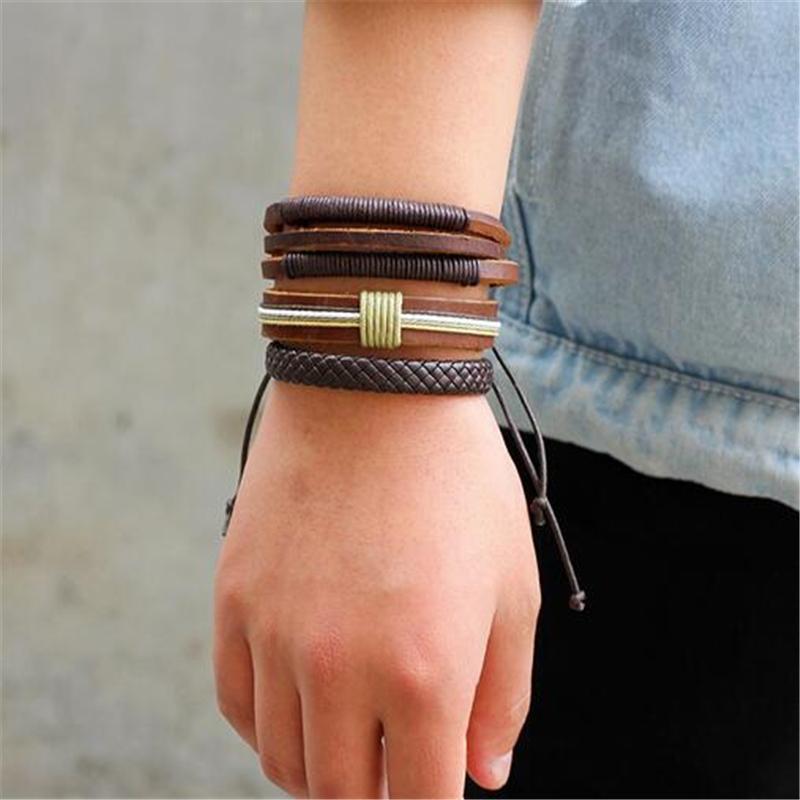 Stylish brown leather braided wristband set, featuring 5 elements, perfect for rock-style fashion.